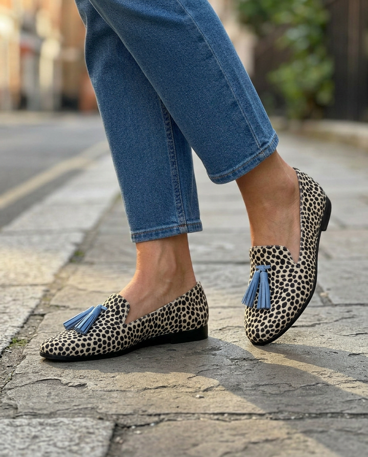 Mocassini Nadia — Weißer und Schwarzer Leoparden mit Blauen Quasten
