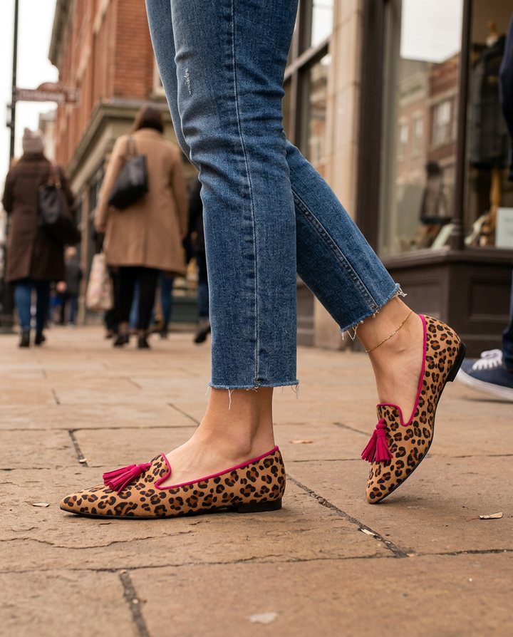 Mokassin Ginevra — Leopardenvelours, Fuchsia Quasten