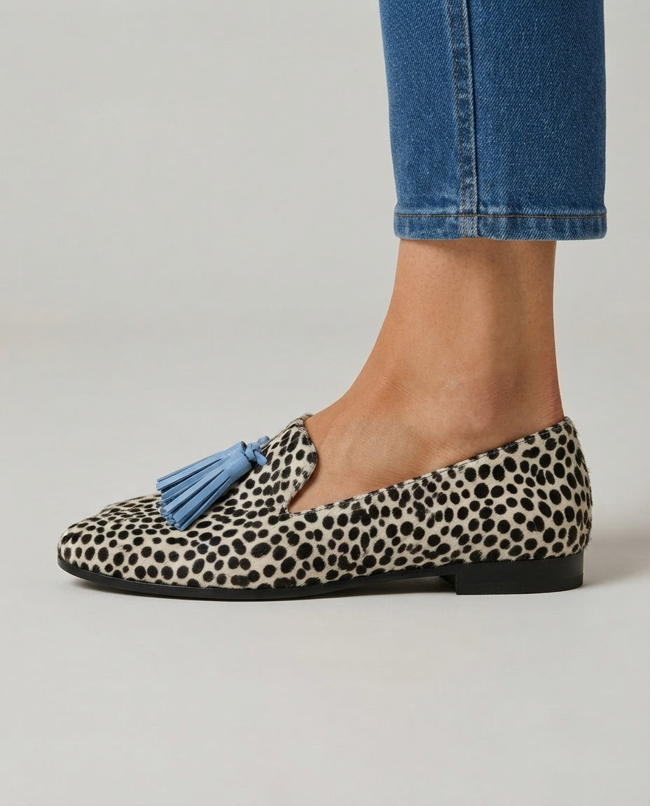Mocassini Nadia — Weißer und Schwarzer Leoparden mit Blauen Quasten