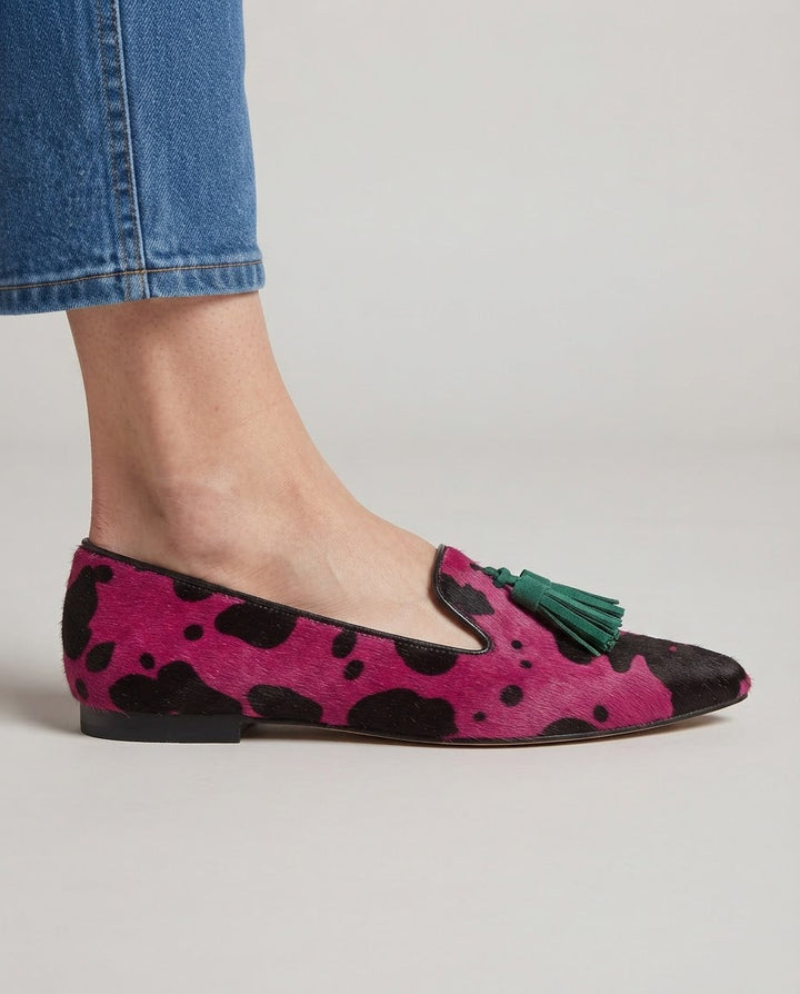 Mokassin Ginevra — Fuchsia Kuh, Grüne Quasten