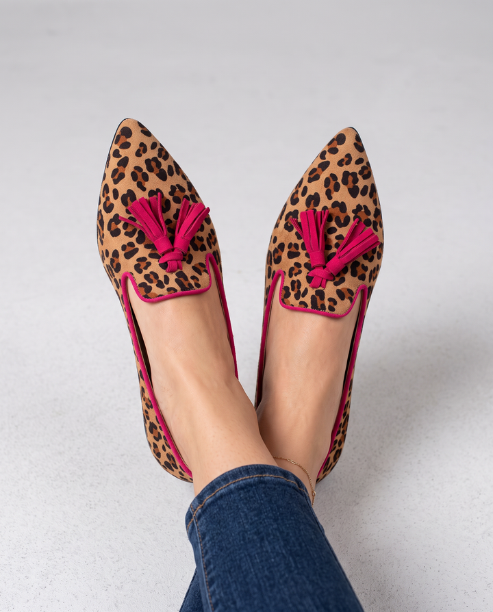 Mokassin Ginevra — Leopardenvelours, Fuchsia Quasten