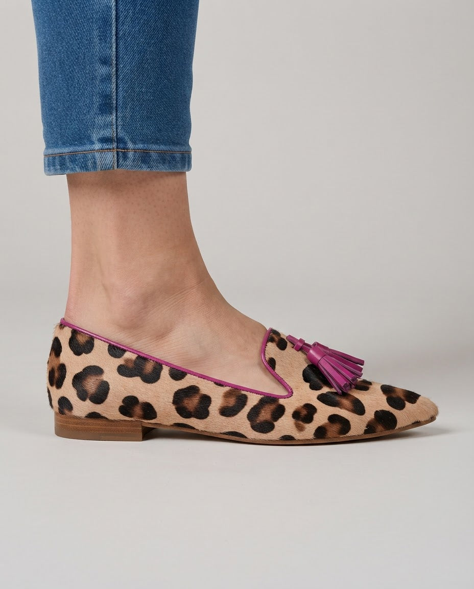 Mokassin Ginevra — Leopard, Fuchsia Quasten