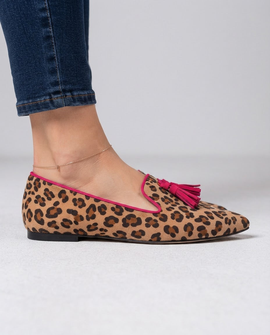 Mokassin Ginevra — Leopardenvelours, Fuchsia Quasten