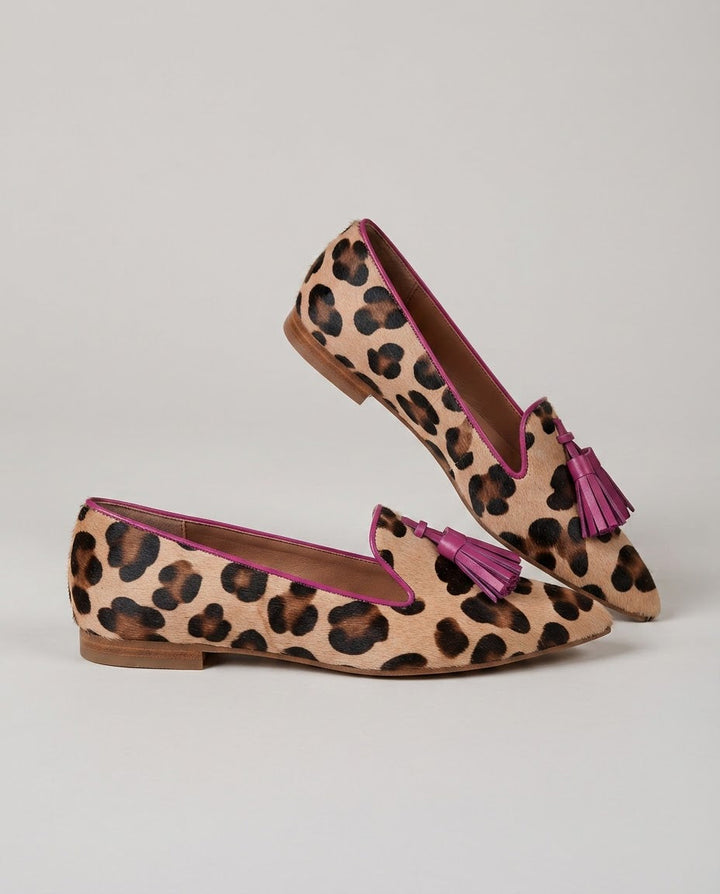 Mokassin Ginevra — Leopard, Fuchsia Quasten