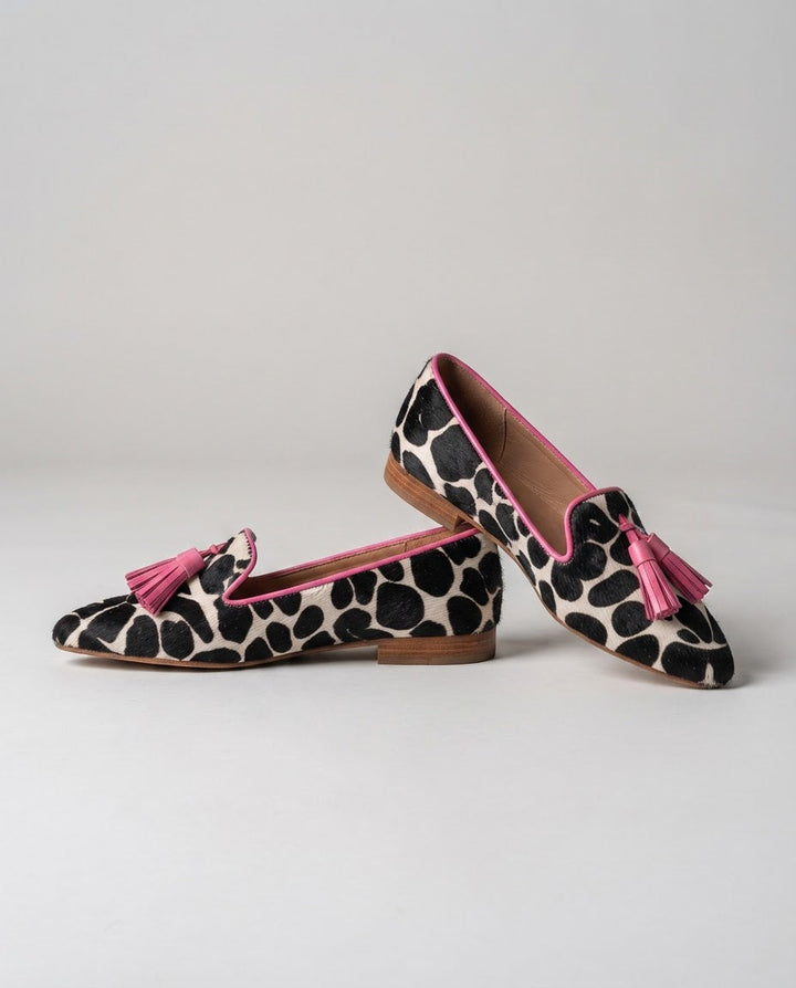 Mocassino Ginevra — Kuh Schwarz und Weiß, Rosa Quasten