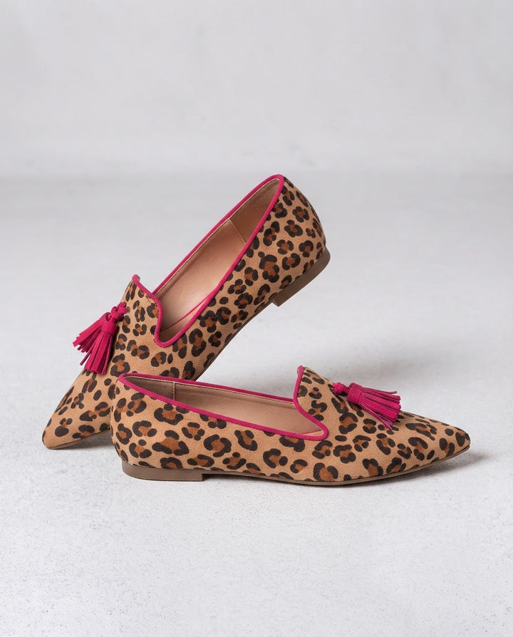 Mokassin Ginevra — Leopardenvelours, Fuchsia Quasten