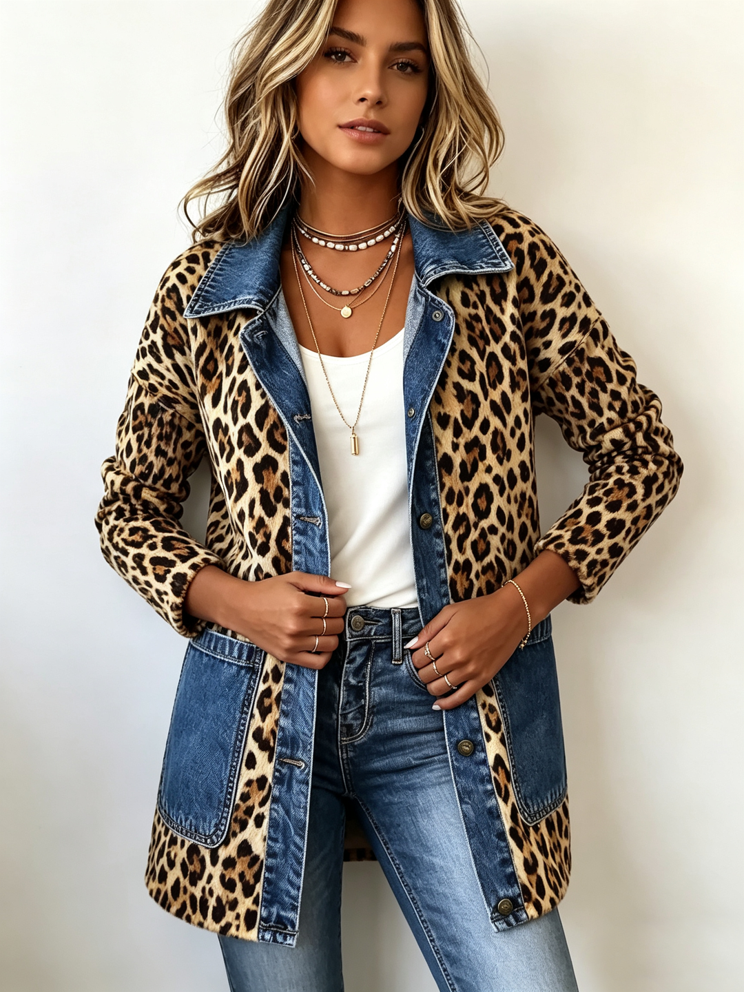 Lorena | Lange Jacke im Leopardenstil mit Jeans